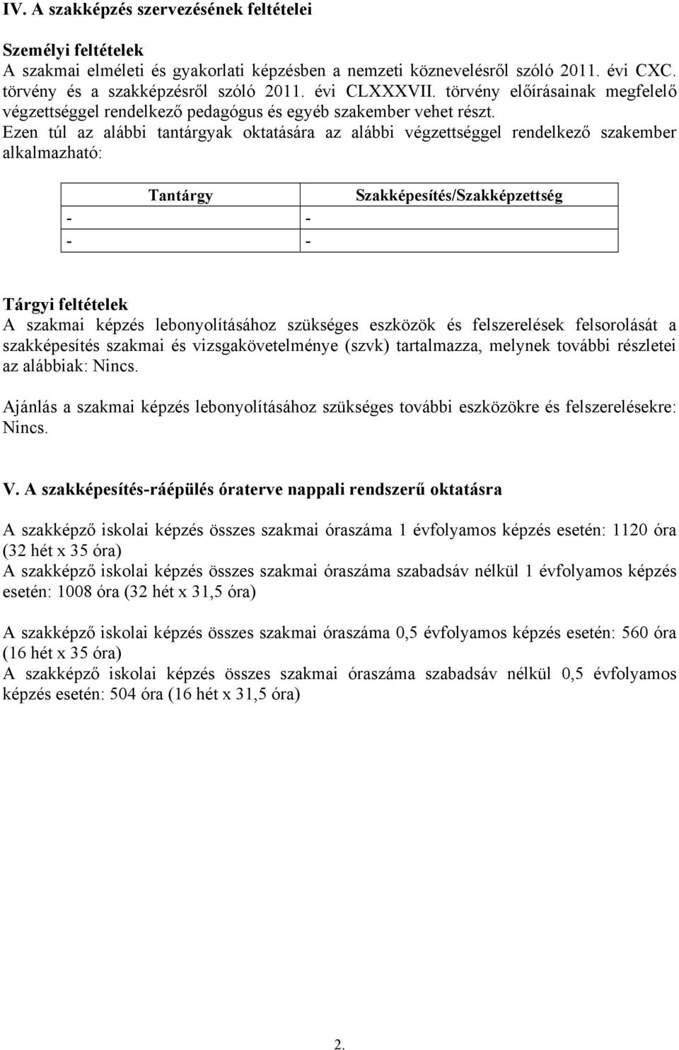 Ezen túl az alábbi tantárgyak oktatására az alábbi végzettséggel rendelkező szakember alkalmazható: Tantárgy - - - - Szakképesítés/Szakképzettség Tárgyi feltételek A szakmai képzés lebonyolításához