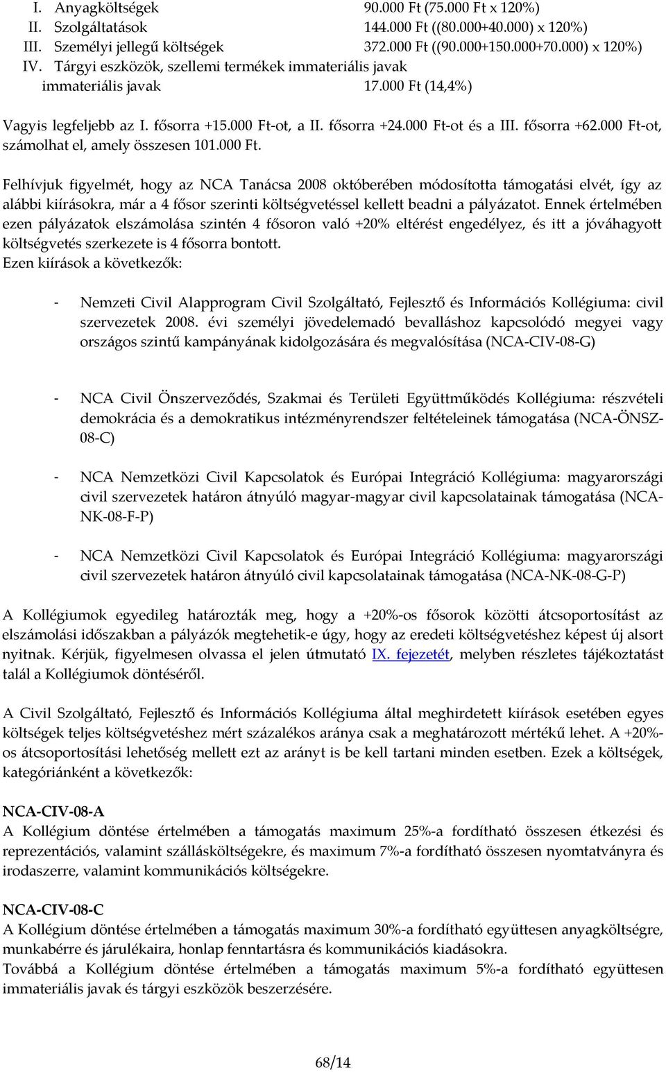 000 Ft ot, számolhat el, amely összesen 101.000 Ft. Felhívjuk figyelmét, hogy az NCA Tanácsa 2008 októberében módosította támogatási elvét, így az alábbi kiírásokra, már a 4 fősor szerinti költségvetéssel kellett beadni a pályázatot.