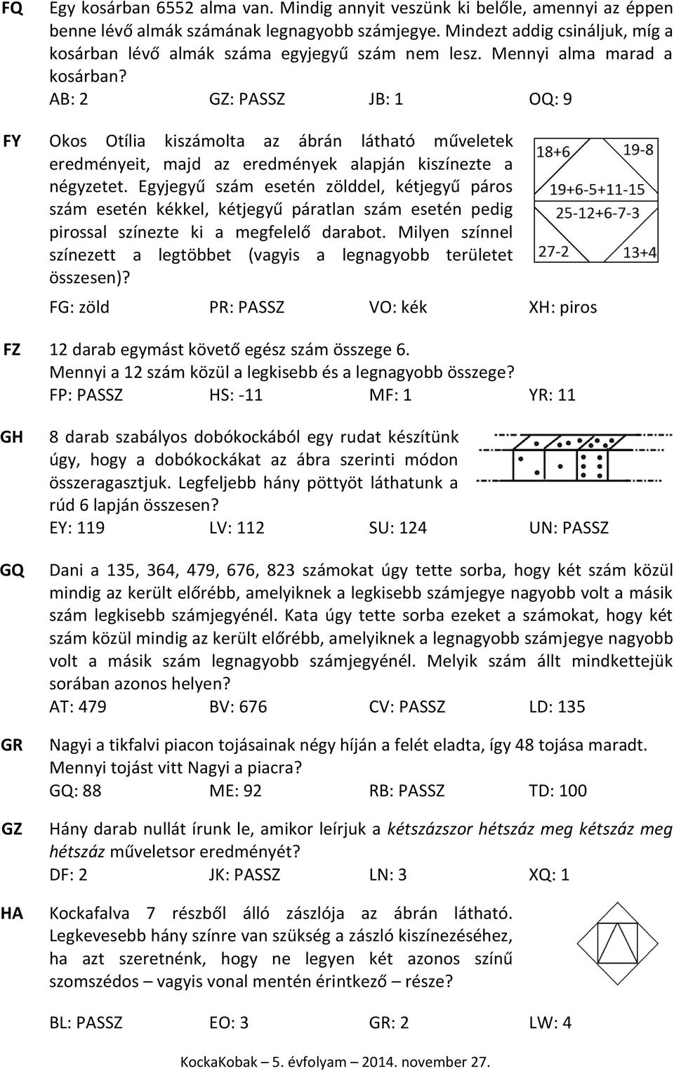 AB: 2 GZ: PASSZ JB: 1 OQ: 9 FY Okos Otília kiszámolta az ábrán látható műveletek eredményeit, majd az eredmények alapján kiszínezte a négyzetet.