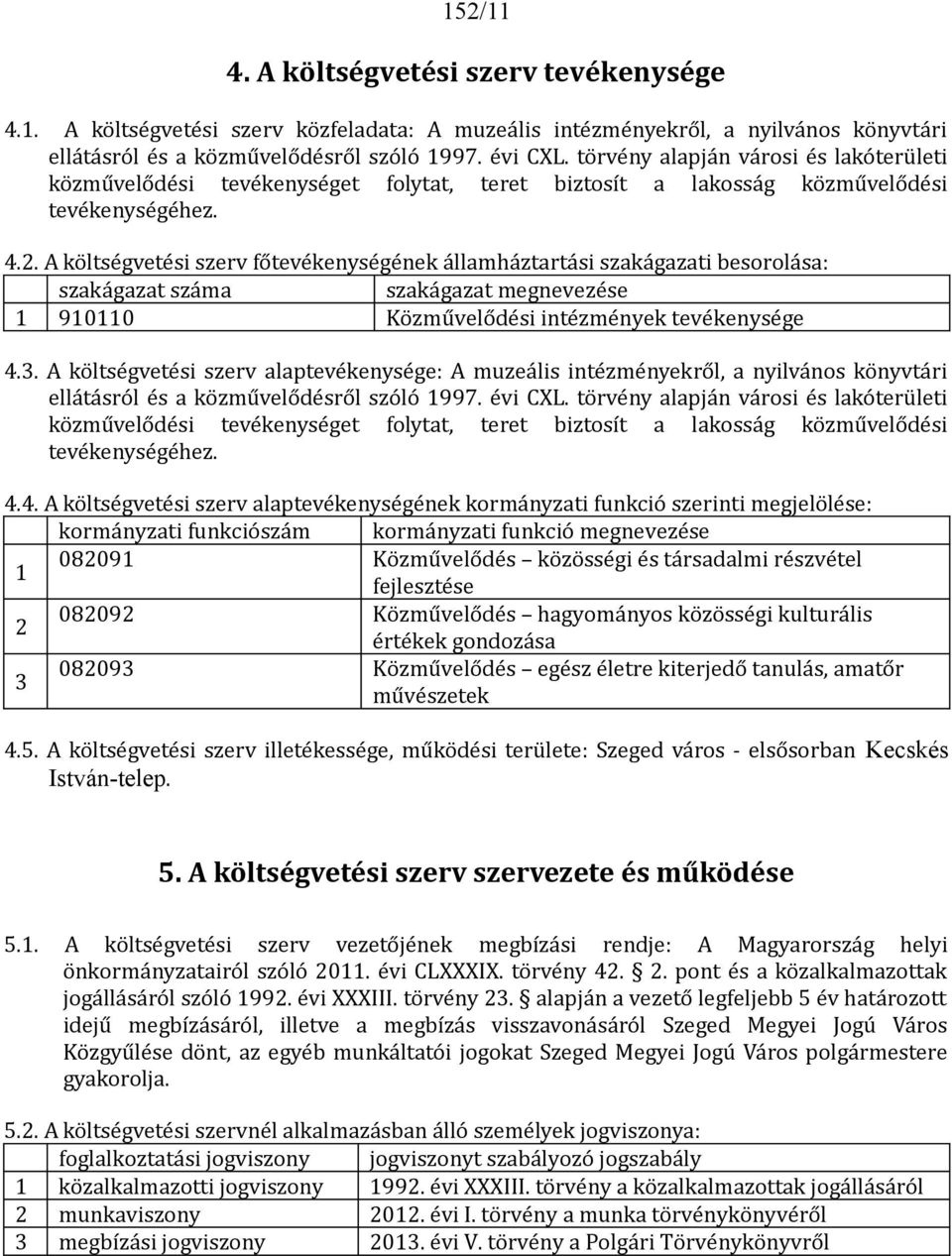 A költségvetési szerv főtevékenységének államháztartási szakágazati besorolása: szakágazat száma szakágazat megnevezése 1 910110 Közművelődési intézmények tevékenysége 4.3.