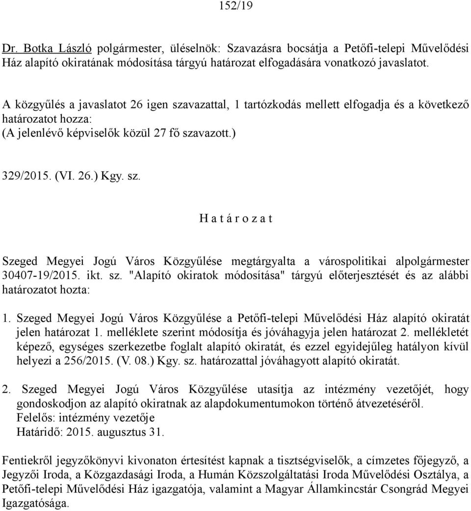 ikt. sz. "Alapító okiratok módosítása" tárgyú előterjesztését és az alábbi határozatot hozta: 1. Szeged Megyei Jogú Város Közgyűlése a Petőfi-telepi Művelődési Ház alapító okiratát jelen határozat 1.