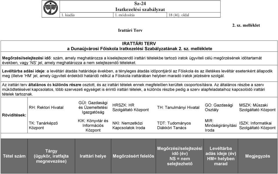 melléklete Megőrzési/selejtezési idő: szám, amely meghatározza a kiselejtezendő irattári tételekbe tartozó iratok ügyviteli célú megőrzésének időtartamát években, vagy jel, amely meghatározza a nem