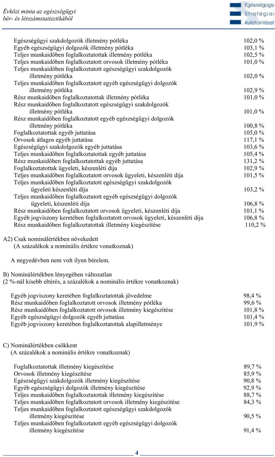 ben foglalkoztatott egyéb egészségügyi dolgozók illetmény pótléka 102,9 % Rész munkaid ben foglalkoztatottak illetmény pótléka 101,0 % Rész munkaid ben foglalkoztatott egészségügyi szakdolgozók