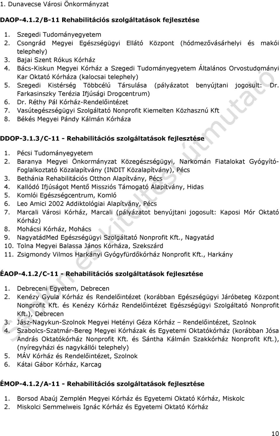 Bács-Kiskun Megyei Kórház a Szegedi Tudományegyetem Általános Orvostudományi Kar Oktató Kórháza (kalocsai telephely) 5. Szegedi Kistérség Többcélú Társulása (pályázatot benyújtani jogosult: Dr.