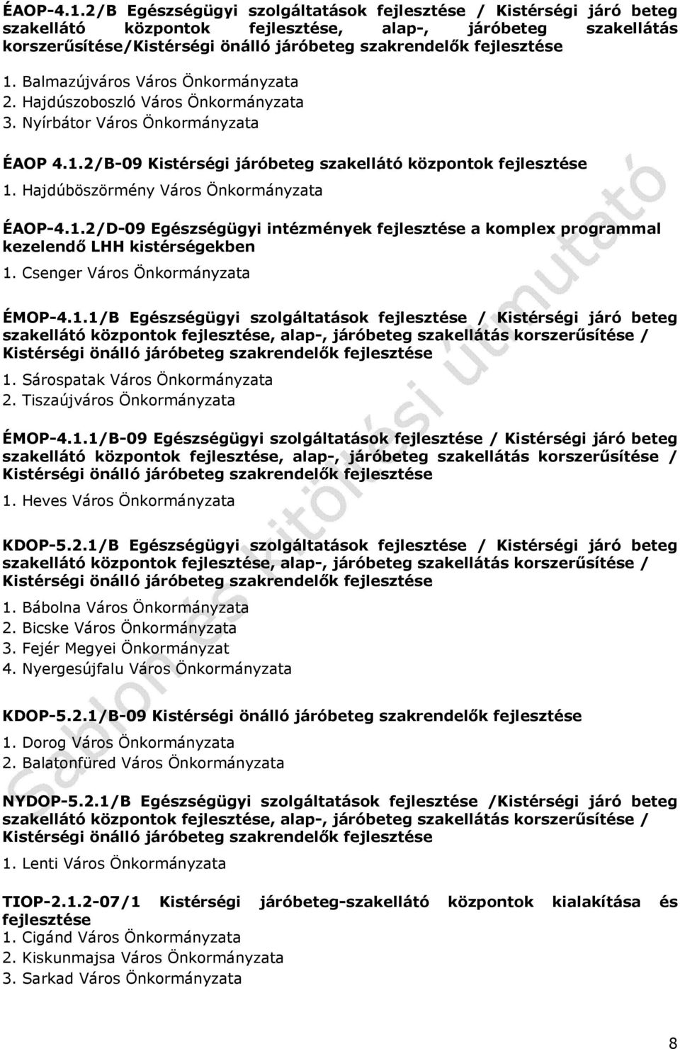 1. Balmazújváros Város Önkormányzata 2. Hajdúszoboszló Város Önkormányzata 3. Nyírbátor Város Önkormányzata ÉAOP 4.1.2/B-09 Kistérségi járóbeteg szakellátó központok fejlesztése 1.