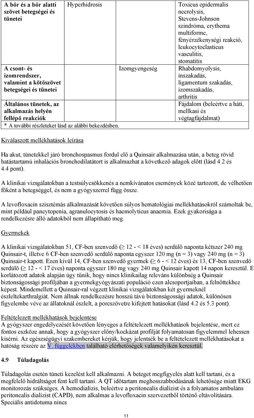 Izomgyengeség Toxicus epidermalis necrolysis, Stevens-Johnson szindróma, erythema multiforme, fényérzékenységi reakció, leukocytoclasticus vasculitis, stomatitis Rhabdomyolysis, ínszakadás,