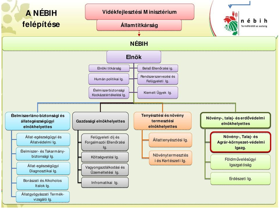 Élelmiszerlánc-biztonsági és állategészségügyi elnökhelyettes Gazdasági elnökhelyettes Tenyésztési és növény termesztési elnökhelyettes Növény-, talaj- és erdővédelmi elnökhelyettes