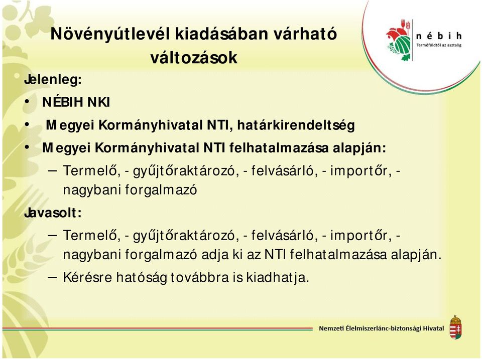 felvásárló, - importőr, - nagybani forgalmazó Javasolt: Termelő, - gyűjtőraktározó, - felvásárló, -