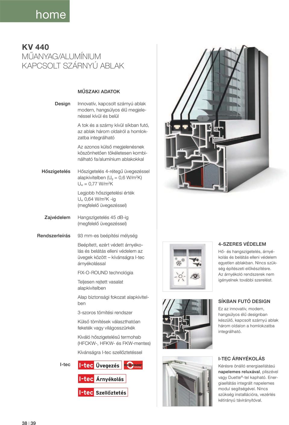 alapkivitelben (U g = 0,6 W/m 2 K) U w = 0,77 W/m 2 K Legjobb hőszigetelési érték U w 0,64 W/m 2 K -ig (megfelelő üvegezéssel) Zajvédelem Rendszerleírás I-tec Hangszigetelés 45 db-ig (megfelelő