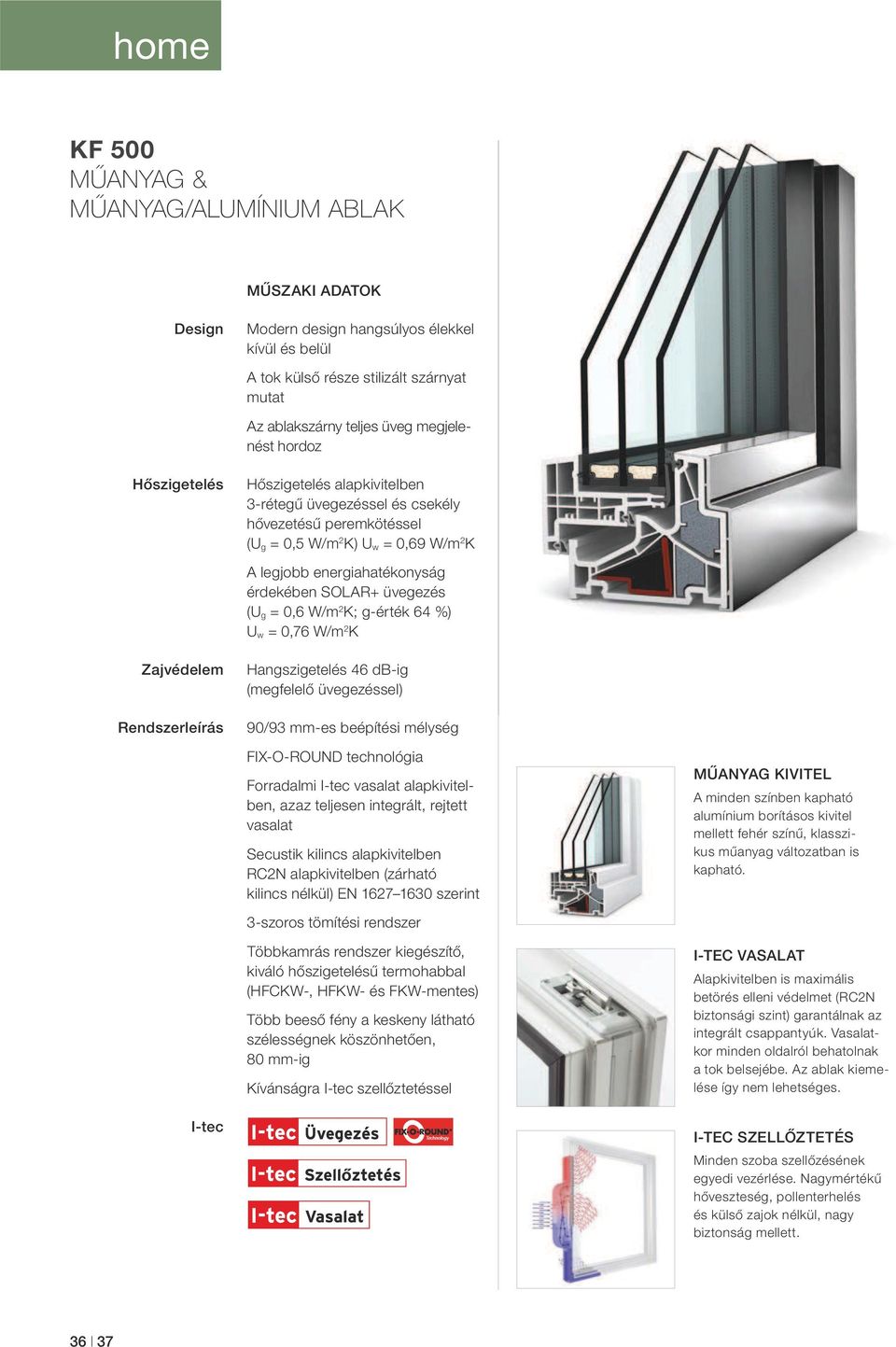 (U g = 0,6 W/m 2 K; g-érték 64 %) U w = 0,76 W/m 2 K Zajvédelem Rendszerleírás Hangszigetelés 46 db-ig (megfelelő üvegezéssel) 90/9 mm-es beépítési mélység FIX-O-ROUND technológia Forradalmi I-tec