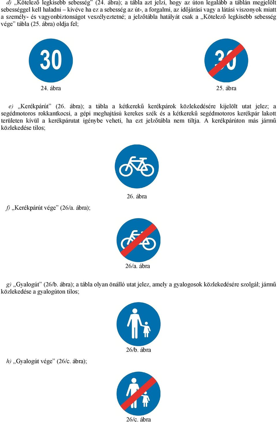 vagyonbiztonságot veszélyeztetné; a jelzőtábla hatályát csak a Kötelező legkisebb sebesség vége tábla (25. ábra) oldja fel; 24. ábra 25. ábra e) Kerékpárút (26.