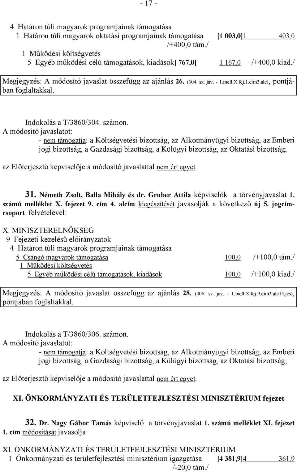 Indokolás a T/3860/304. számon. - nem támogatja: a Költségvetési bizottság, az Alkotmányügyi bizottság, az Emberi jogi bizottság, a Gazdasági bizottság, a Külügyi bizottság, az Oktatási bizottság; 31.