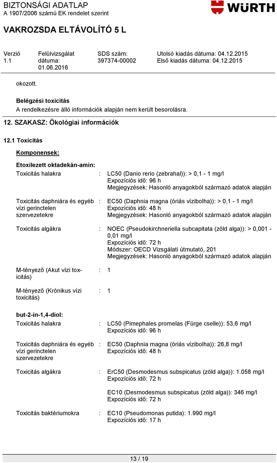 daphniára és egyéb vízi gerinctelen szervezetekre : EC50 (Daphnia magna (óriás vízibolha)): > 0,1-1 mg/l Expozíciós idő: 48 h Megjegyzések: Hasonló anyagokból származó adatok alapján Toxicitás