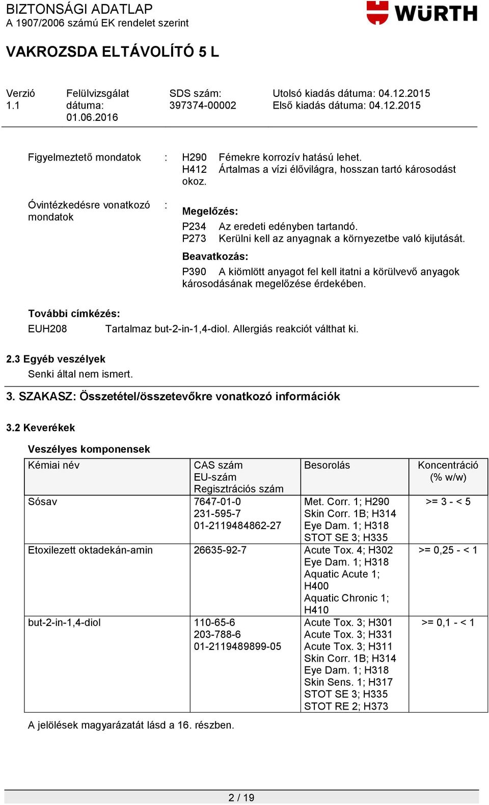 Beavatkozás: P390 A kiömlött anyagot fel kell itatni a körülvevő anyagok károsodásának megelőzése érdekében. További címkézés: EUH208 Tartalmaz but-2-in-1,4-diol. Allergiás reakciót válthat ki. 2.
