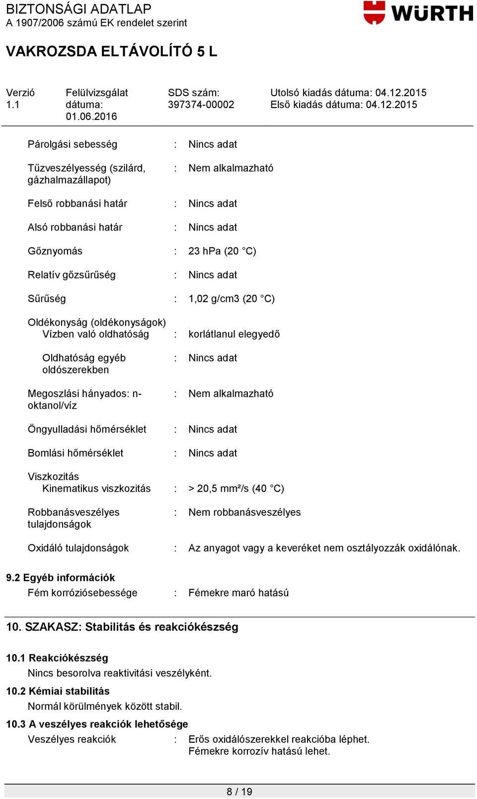Relatív gőzsűrűség : Nincs adat Sűrűség : 1,02 g/cm3 (20 C) Oldékonyság (oldékonyságok) Vízben való oldhatóság : korlátlanul elegyedő Oldhatóság egyéb oldószerekben Megoszlási hányados: n-