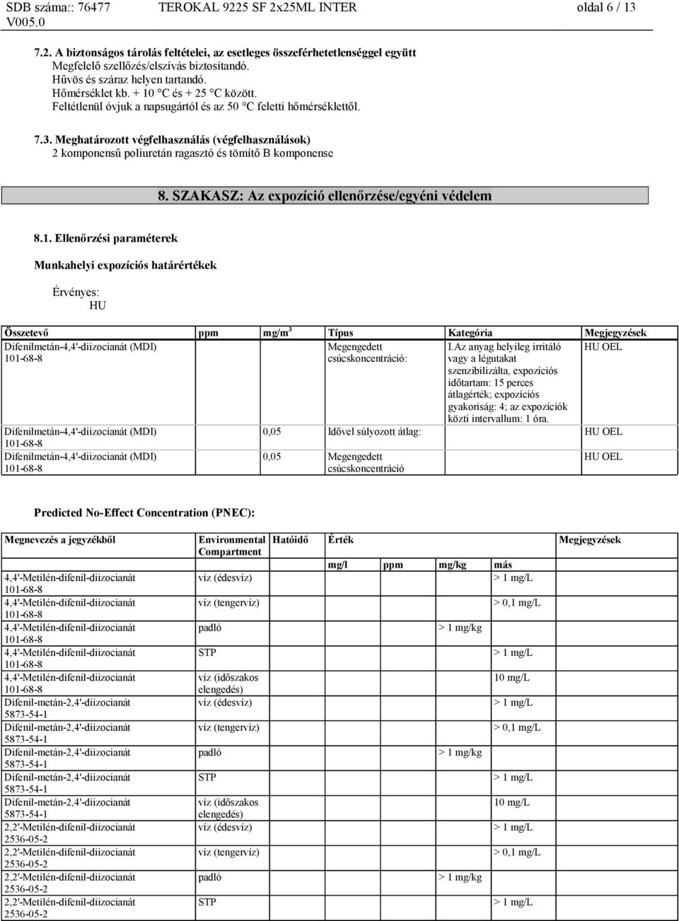 Meghatározott végfelhasználás (végfelhasználások) 2 komponensű poliuretán ragasztó és tömítő B komponense 8. SZAKASZ: Az expozíció ellenőrzése/egyéni védelem 8.1.