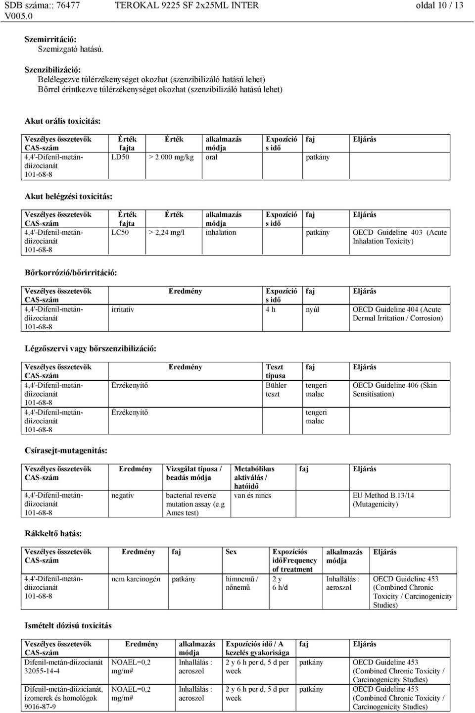 4,4'-Difenil-metándiizocianát Érték Érték alkalmazás Expozíció faj fajta módja s idő LD50 > 2.