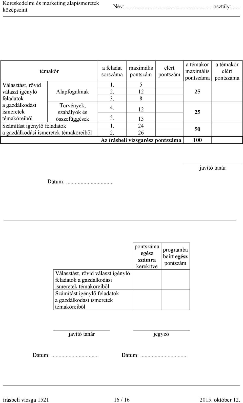 26 50 Az írásbeli vizsgarész pontszáma 100 a témakör elért pontszáma javító tanár Dátum:.