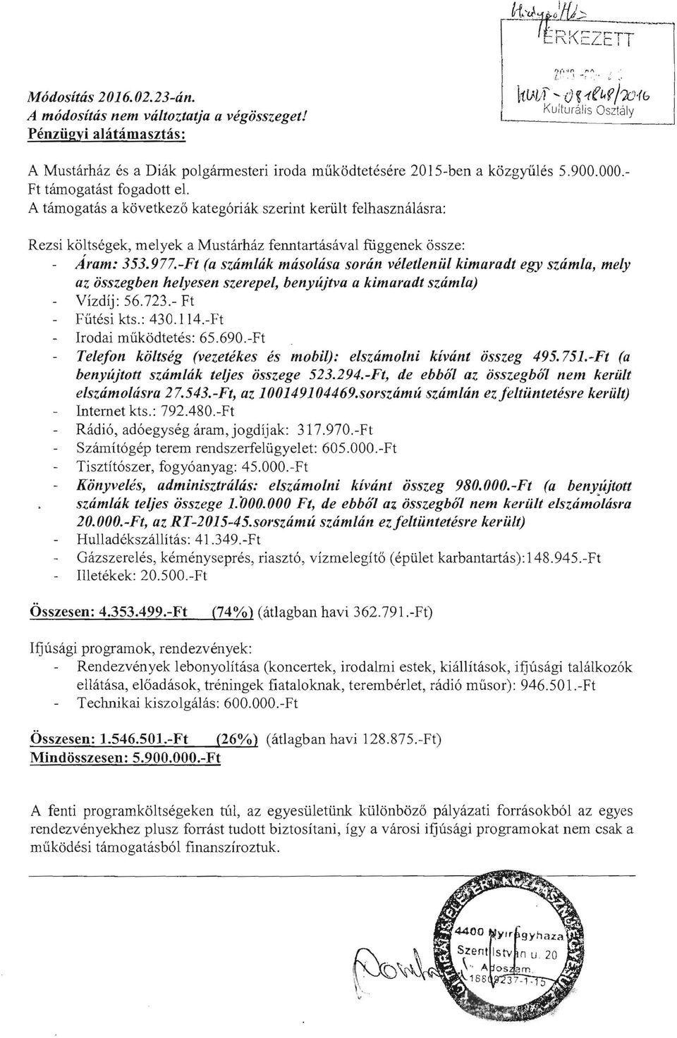 A támogatás a következő kategóriák szerint került felhasználásra: Rezsi költségek, melyek a Mustárház fenntartásával függenek össze: Áram: 353. 977.