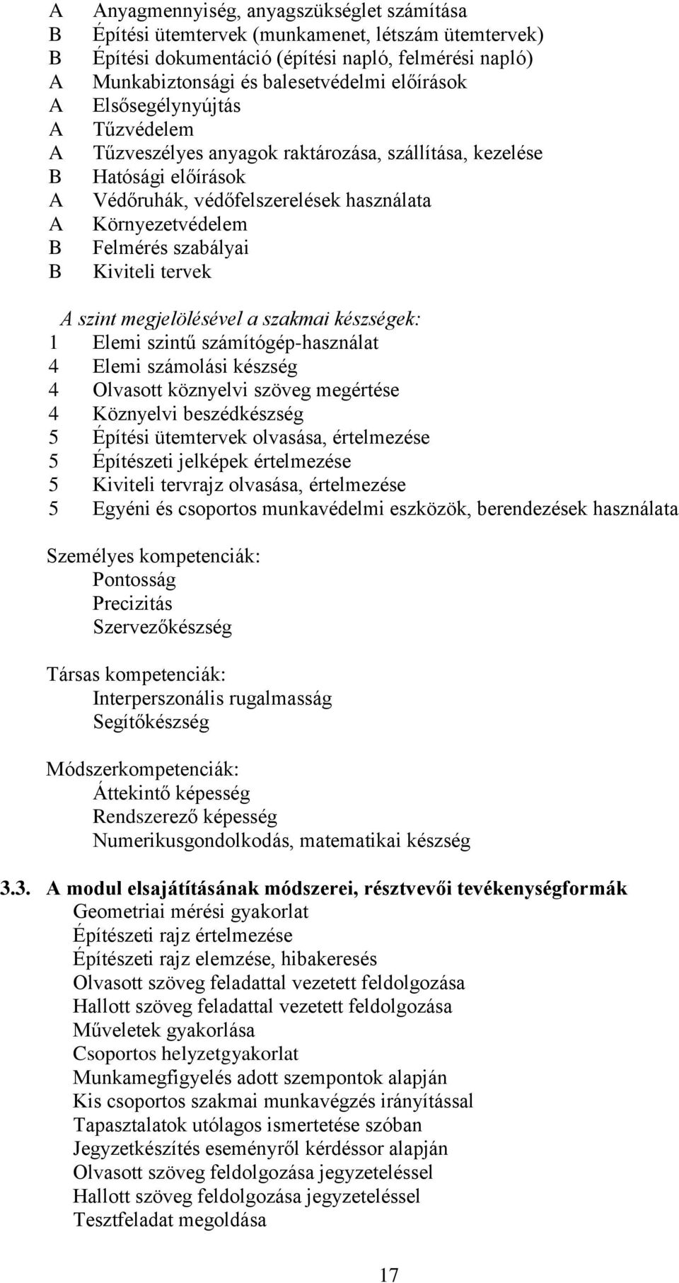 szabályai Kiviteli tervek A szint megjelölésével a szakmai készségek: 1 Elemi szintű számítógép-használat 4 Elemi számolási készség 4 Olvasott köznyelvi szöveg megértése 4 Köznyelvi beszédkészség 5