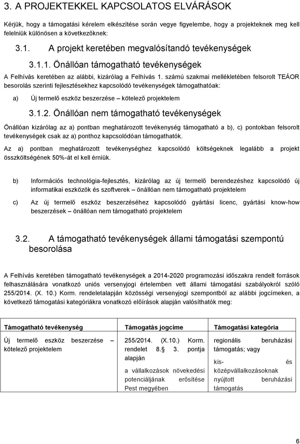 számú szakmai mellékletében felsorolt TEÁOR besorolás szerinti fejlesztésekhez kapcsolódó tevékenységek támogathatóak: a) Új termelő eszköz beszerzése kötelező projektelem 3.1.2.