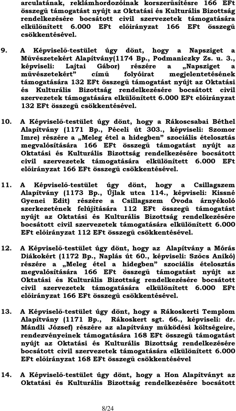 , képviseli: Lajtai Gábor) részére a Napsziget a művészetekért című folyóirat megjelentetésének támogatására 132 EFt összegű támogatást nyújt az Oktatási és Kulturális Bizottság rendelkezésére