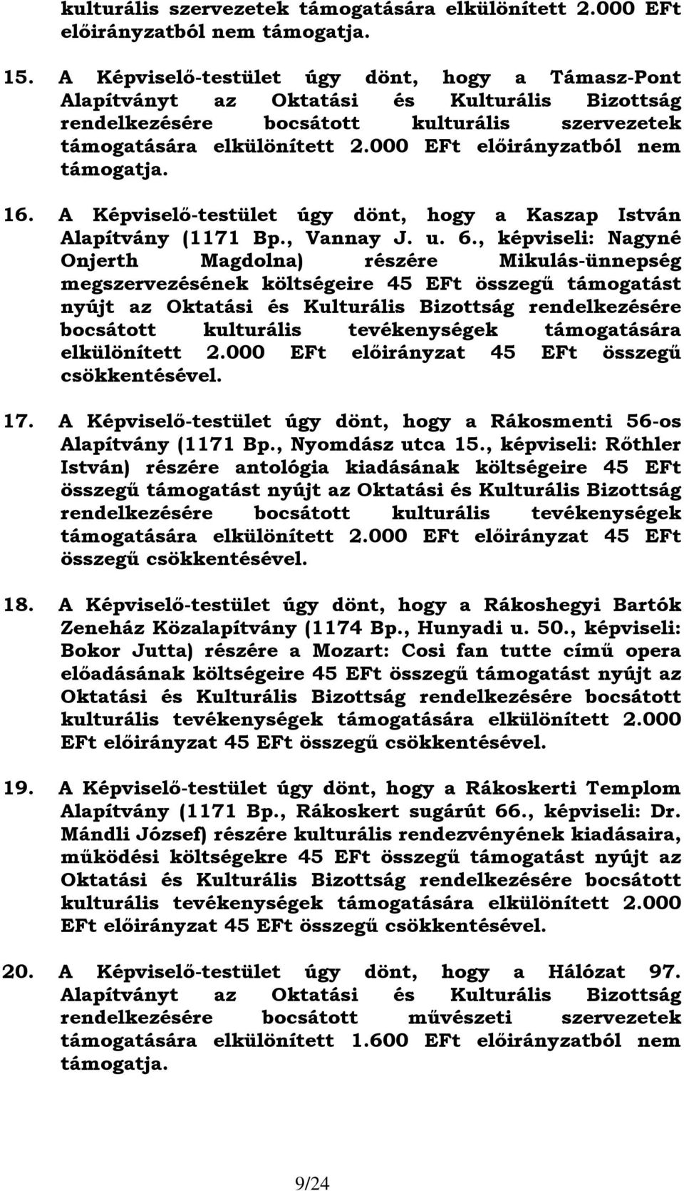 000 EFt előirányzatból nem támogatja. 16. A Képviselő-testület úgy dönt, hogy a Kaszap István Alapítvány (1171 Bp., Vannay J. u. 6.