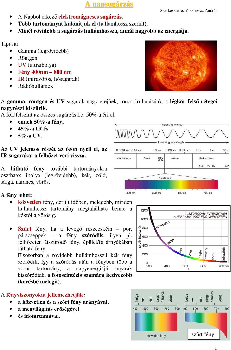 Típusai Gamma (legrövidebb) Röntgen UV (ultraibolya) Fény 400nm 800 nm IR (infravörös, hősugarak) Rádióhullámok A gamma, röntgen és UV sugarak nagy erejűek, roncsoló hatásúak, a légkör felső rétegei