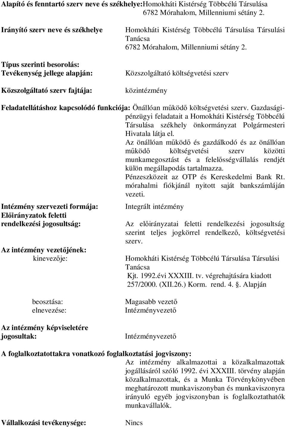 Millenniumi sétány 2. Közszolgáltató költségvetési szerv közintézmény Feladatellátáshoz kapcsolódó funkciója: Önállóan m köd költségvetési szerv.