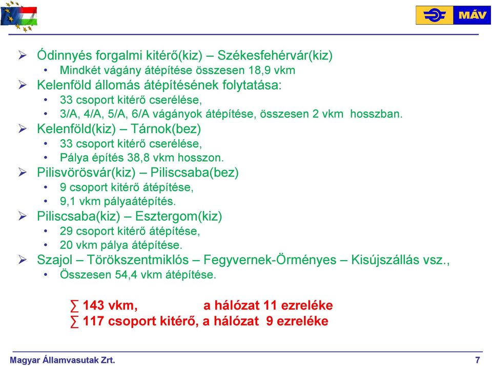 Pilisvörösvár(kiz) Piliscsaba(bez) 9 csoport kitérı átépítése, 9,1 vkm pályaátépítés. Piliscsaba(kiz) Esztergom(kiz) 29 csoport kitérı átépítése, 20 vkm pálya átépítése.