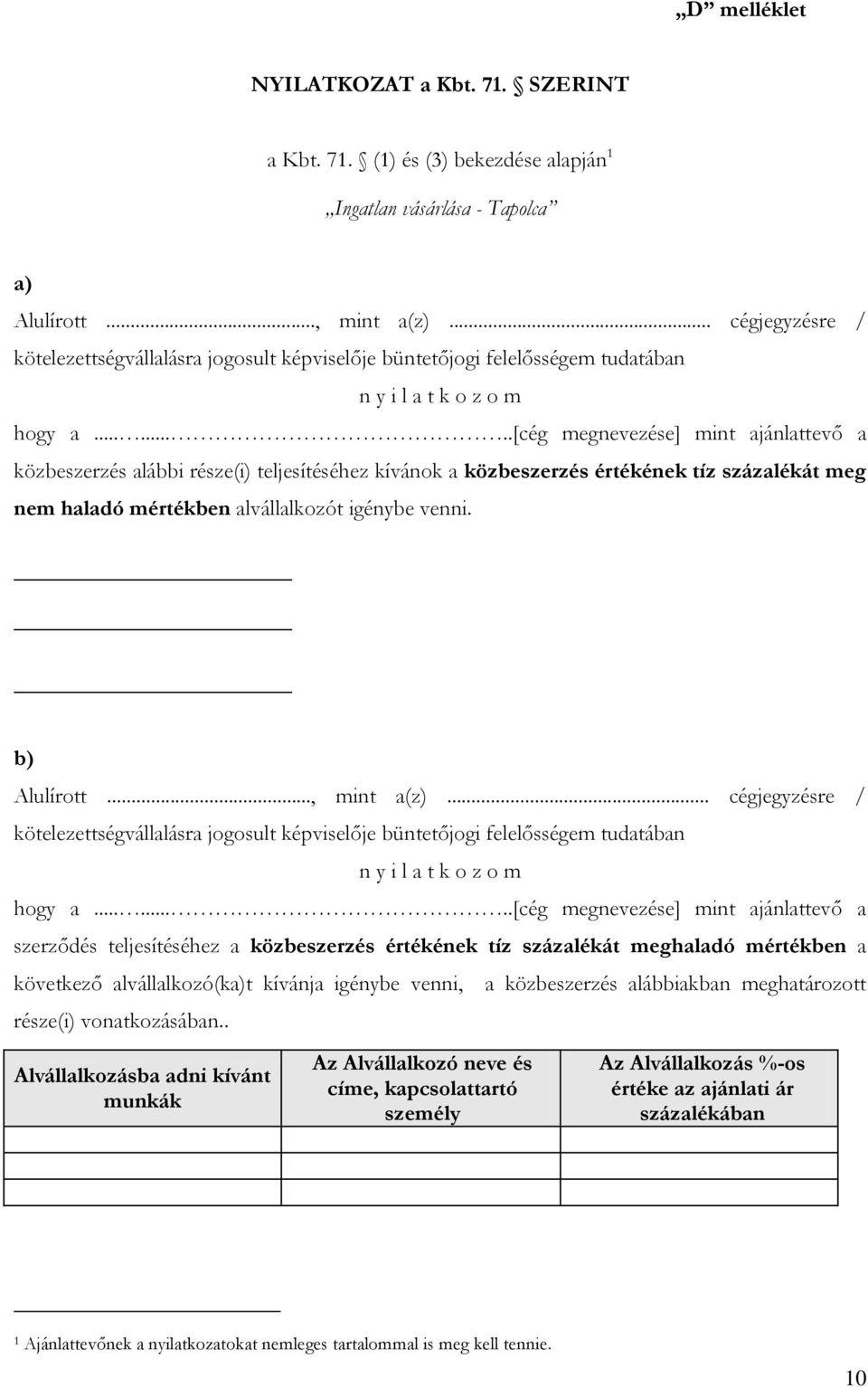 .......[cég megnevezése] mint ajánlattevő a közbeszerzés alábbi része(i) teljesítéséhez kívánok a közbeszerzés értékének tíz százalékát meg nem haladó mértékben alvállalkozót igénybe venni.