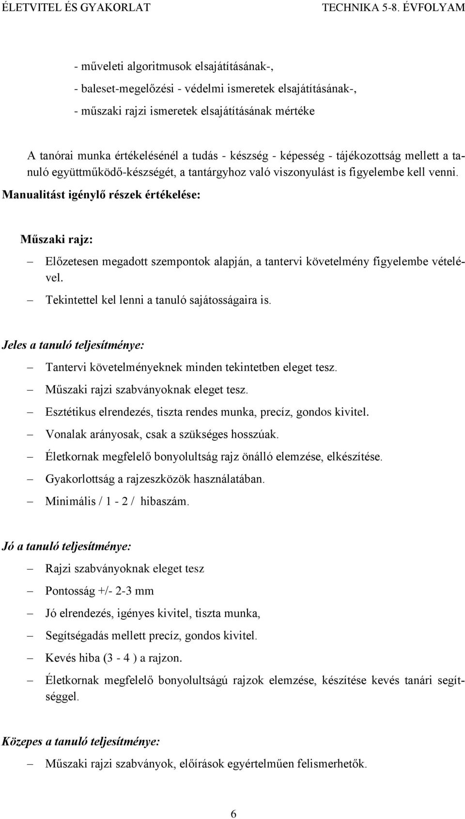 Manualitást igénylő részek értékelése: Műszaki rajz: Előzetesen megadott szempontok alapján, a tantervi követelmény figyelembe vételével. Tekintettel kel lenni a tanuló sajátosságaira is.