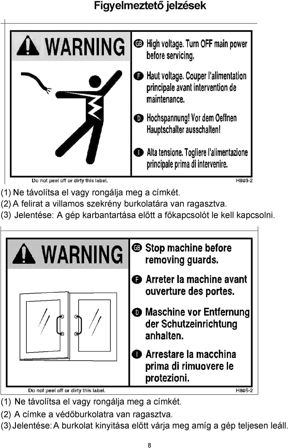 (3) Jelentése: A gép karbantartása előtt a főkapcsolót le kell kapcsolni.