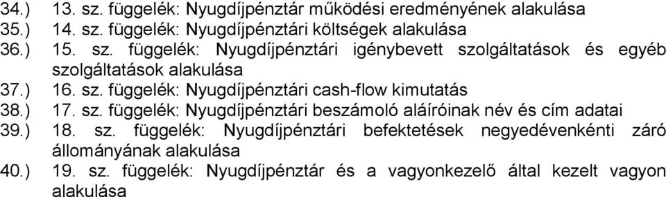 ) 17. sz. függelék: Nyugdíjpénztári beszámoló aláíróinak név és cím adatai 39.) 18. sz. függelék: Nyugdíjpénztári befektetések negyedévenkénti záró állományának alakulása 40.