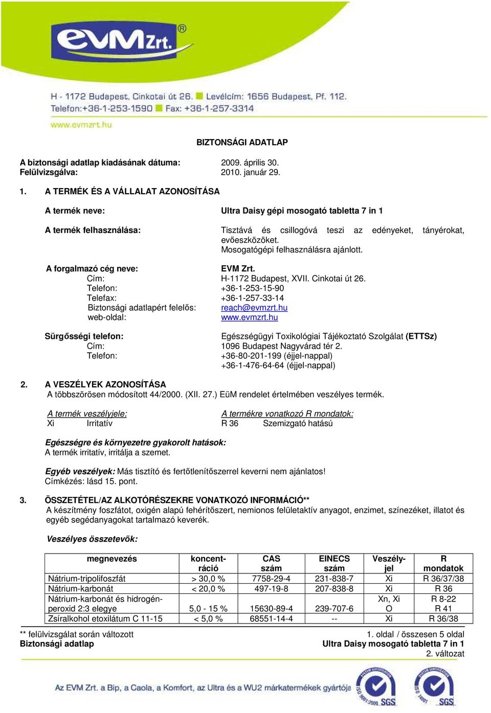 Mosogatógépi felhasználásra ajánlott. A forgalmazó cég neve: EVM Zrt. Cím: H-1172 Budapest, XVII. Cinkotai út 26.