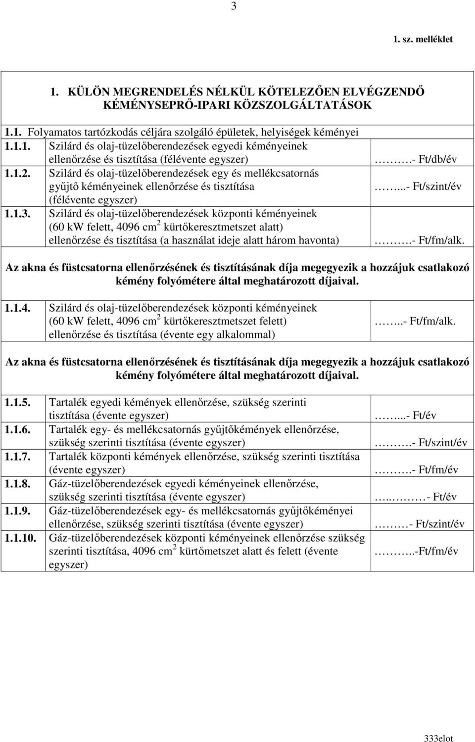 Szilárd és olaj-tüzelıberendezések központi kéményeinek (60 kw felett, 4096 cm 2 kürtıkeresztmetszet alatt) ellenırzése és tisztítása (a használat ideje alatt három havonta).- Ft/db/év...- Ft/szint/év.