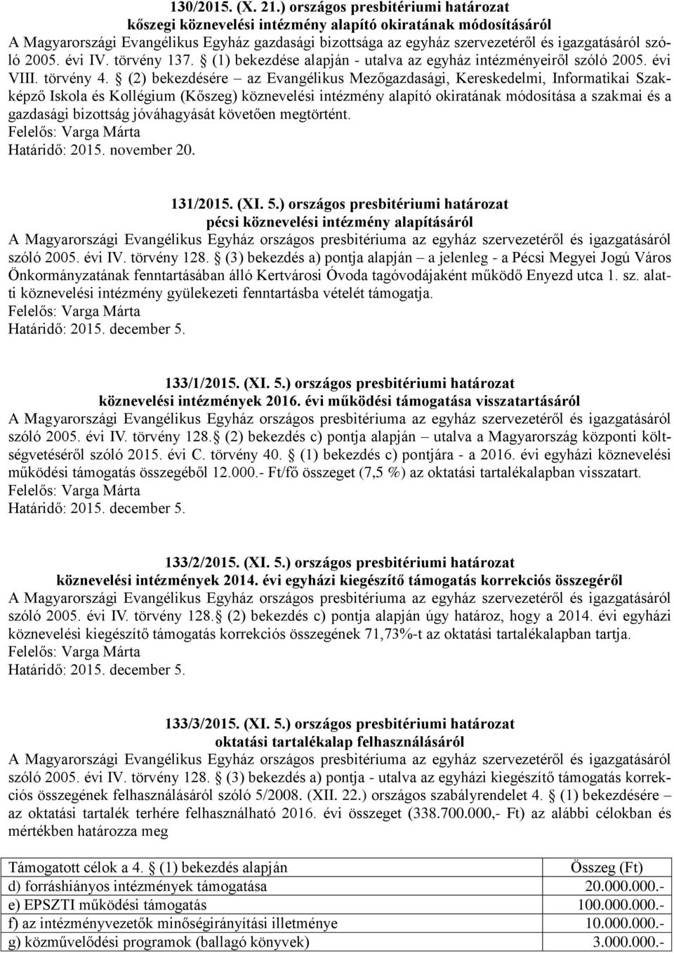 szóló 2005. évi IV. törvény 137. (1) bekezdése alapján - utalva az egyház intézményeiről szóló 2005. évi VIII. törvény 4.