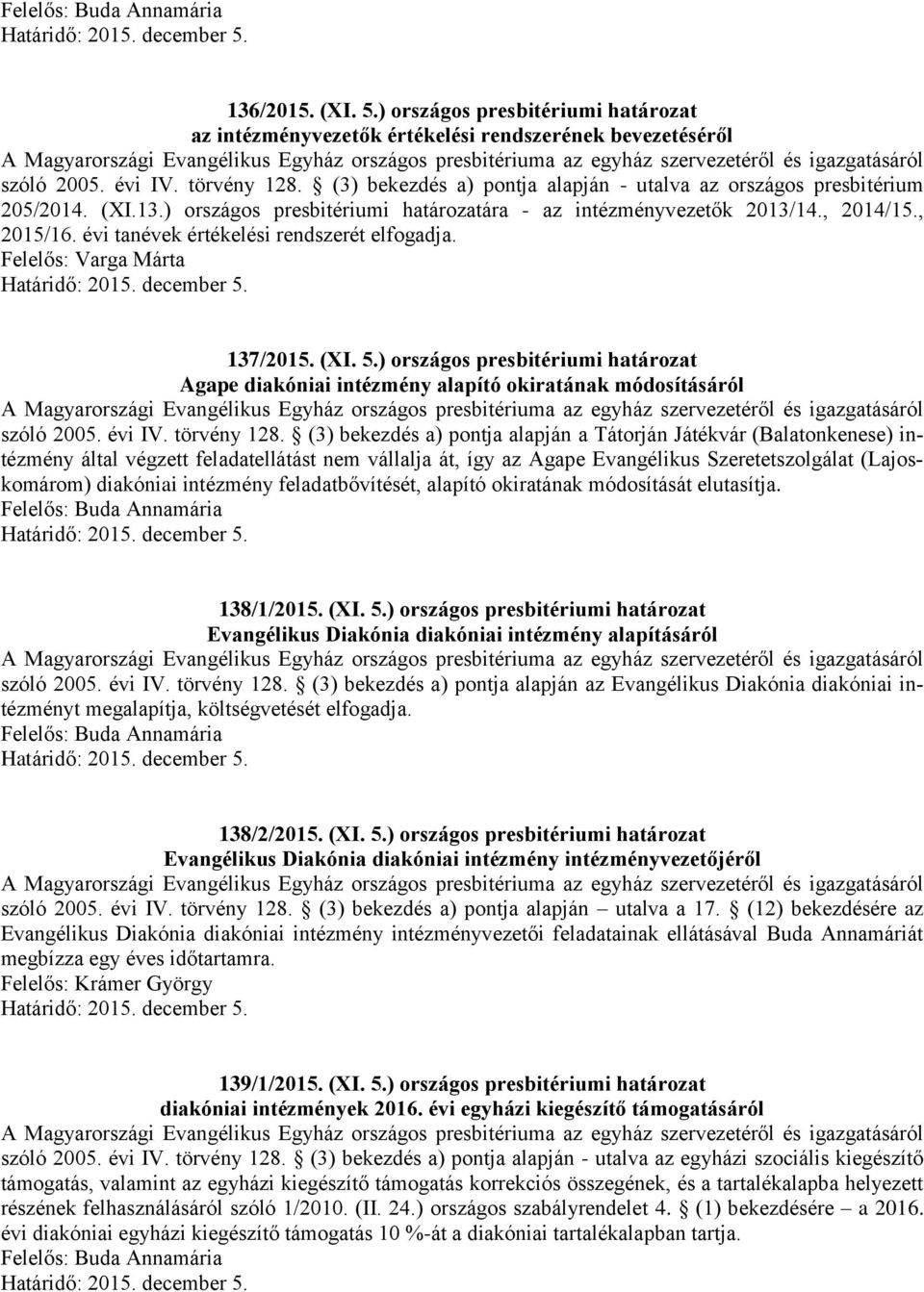 évi tanévek értékelési rendszerét elfogadja. 137/2015. (XI. 5.) országos presbitériumi határozat Agape diakóniai intézmény alapító okiratának módosításáról szóló 2005. évi IV. törvény 128.