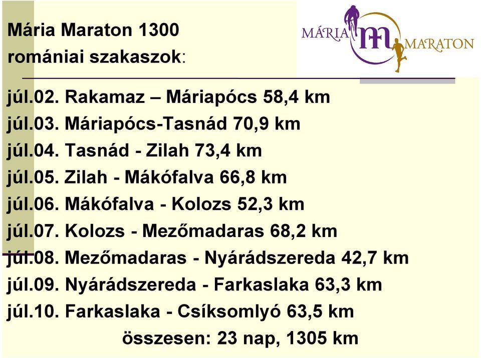 Mákófalva - Kolozs 52,3 km júl.07. Kolozs - Mezőmadaras 68,2 km júl.08.
