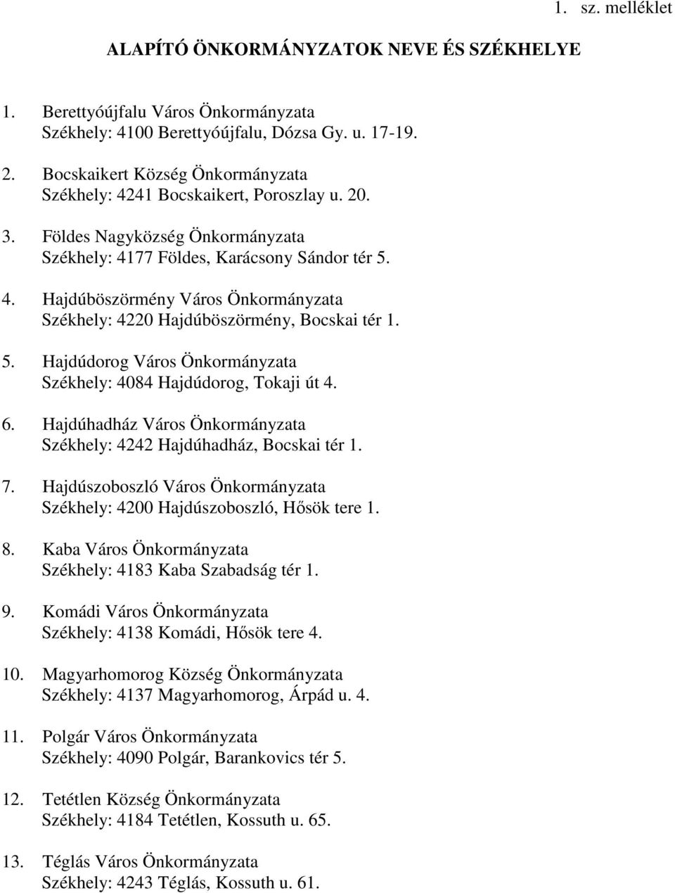 5. Hajdúdorog Város Önkormányzata Székhely: 4084 Hajdúdorog, Tokaji út 4. 6. Hajdúhadház Város Önkormányzata Székhely: 4242 Hajdúhadház, Bocskai tér 1. 7.