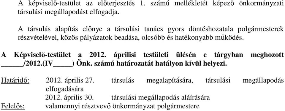 A Képviselő-testület a 2012. áprilisi testületi ülésén e tárgyban meghozott /2012.(IV ) Önk. számú határozatát hatályon kívül helyezi.