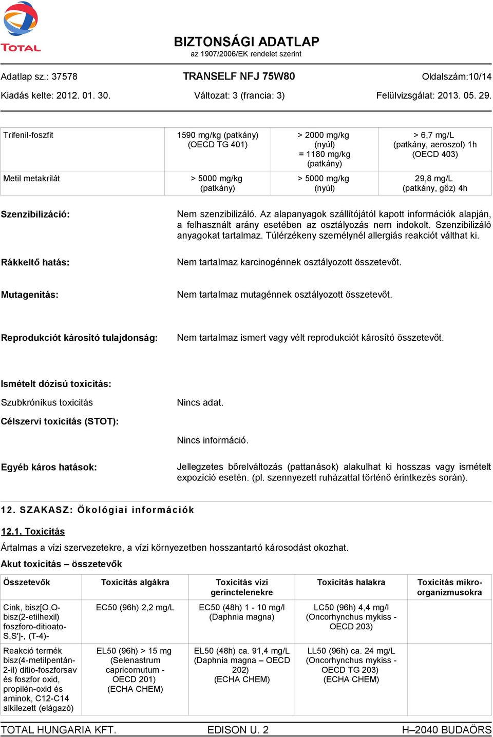 > 5000 mg/kg (patkány) > 5000 mg/kg (nyúl) 29,8 mg/l (patkány, gőz) 4h Szenzibilizáció: Rákkeltő hatás: Nem szenzibilizáló.