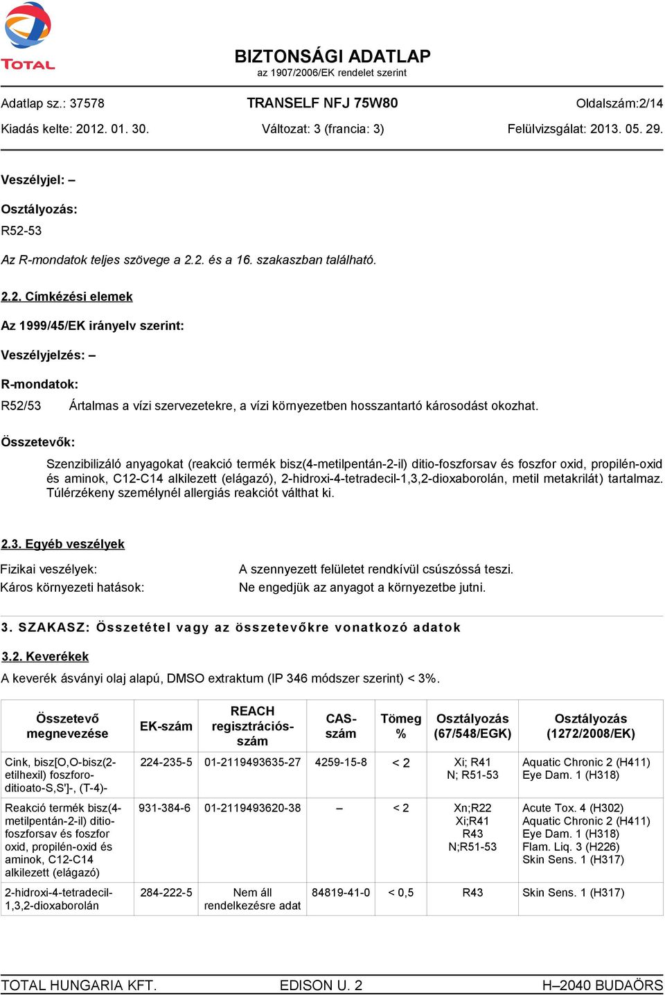 Összetevők: Szenzibilizáló anyagokat (reakció termék bisz(4-metilpentán-2-il) ditio-foszforsav és foszfor oxid, propilén-oxid és aminok, C12-C14 alkilezett (elágazó),