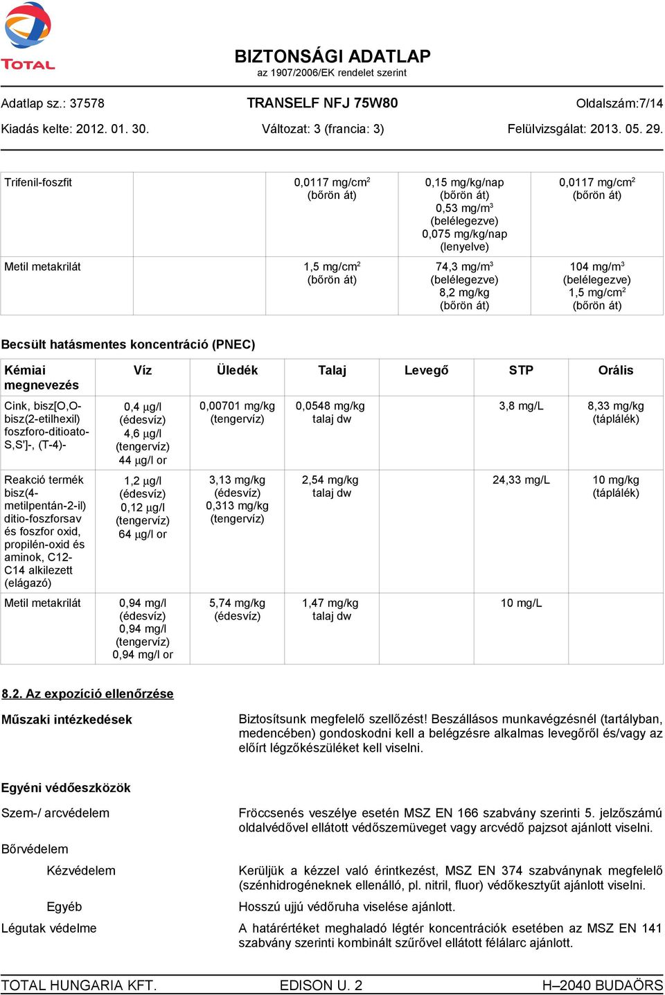 mg/m 3 1,5 mg/cm 2 Becsült hatásmentes koncentráció (PNEC) Kémiai megnevezés Cink, bisz[o,obisz(2-etilhexil) foszforo-ditioato- S,S']-, (T-4)- Reakció termék bisz(4- metilpentán-2-il)