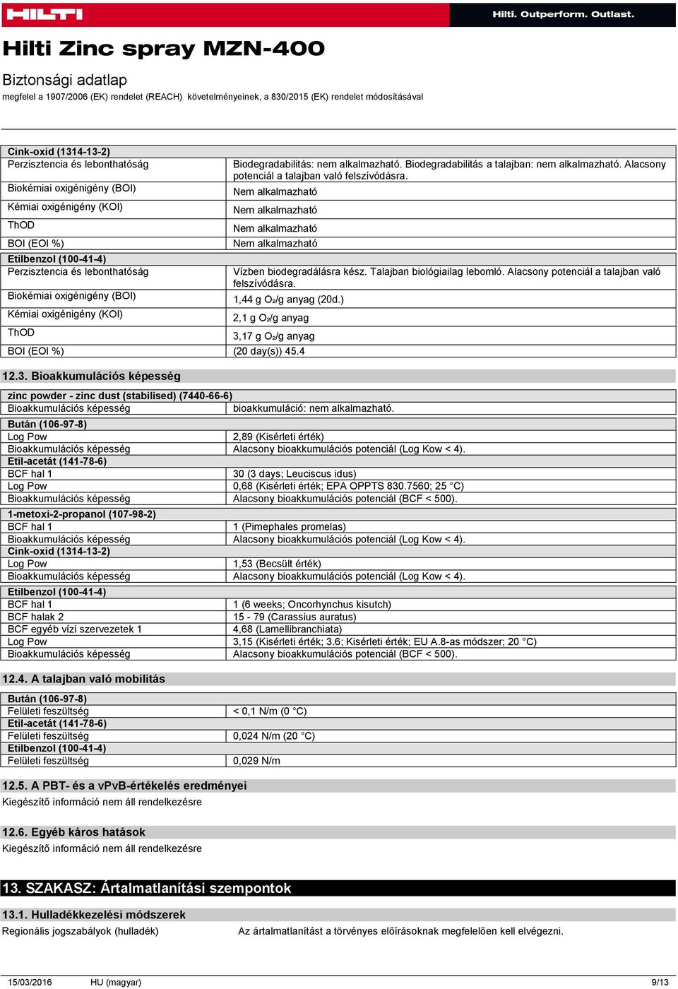 Talajban biológiailag lebomló. Alacsony potenciál a talajban való felszívódásra. 1,44 g O₂/g anyag (20d.) 2,1 g O₂/g anyag 3,