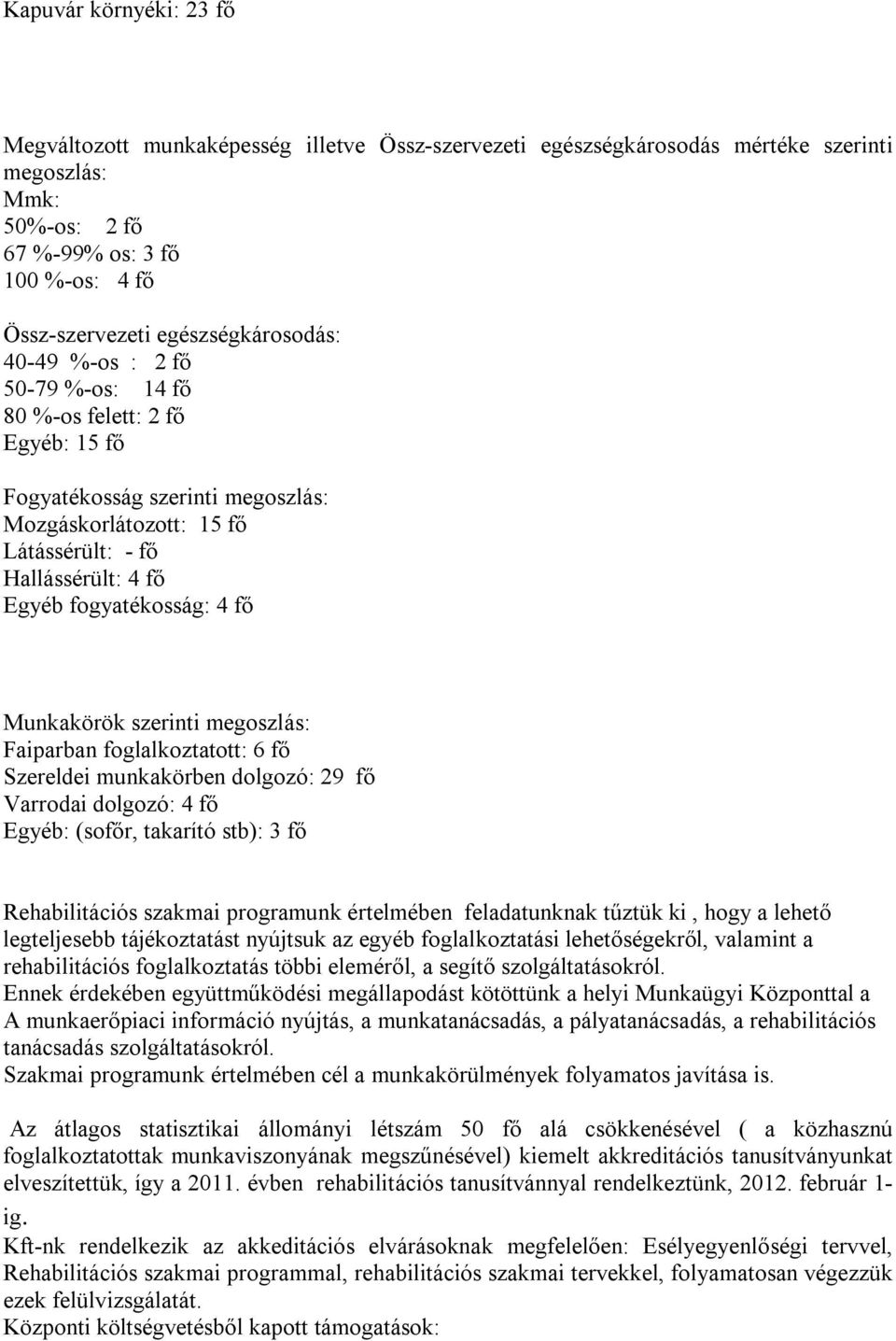 fogyatékosság: 4 fő Munkakörök szerinti megoszlás: Faiparban foglalkoztatott: 6 fő Szereldei munkakörben dolgozó: 29 fő Varrodai dolgozó: 4 fő Egyéb: (sofőr, takarító stb): 3 fő Rehabilitációs