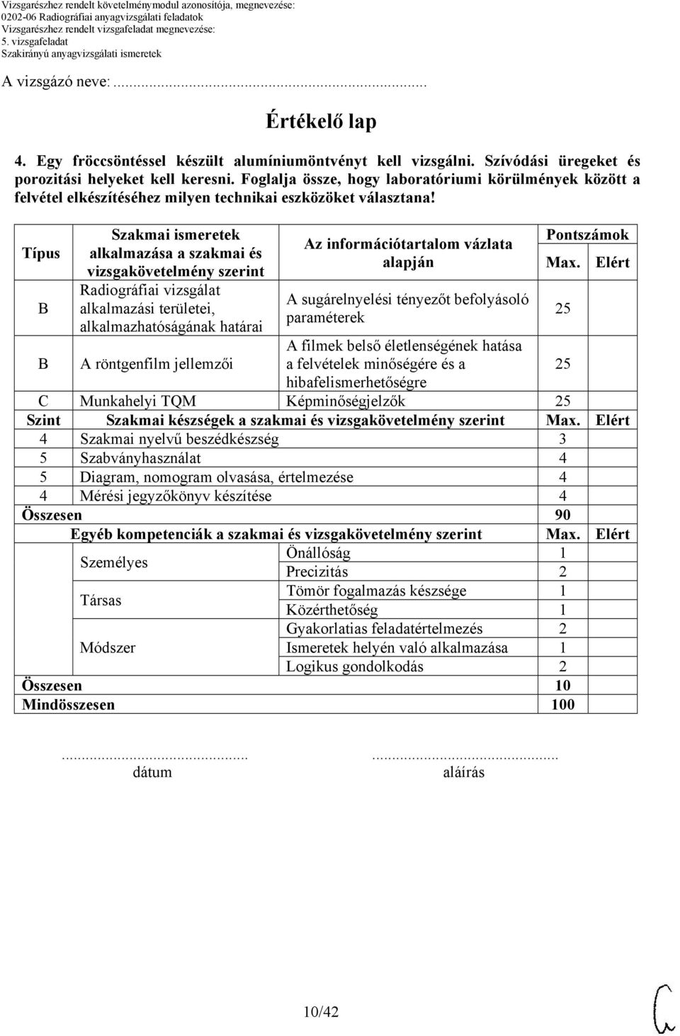 Típus Szakmai ismeretek alkalmazása a szakmai és vizsgakövetelmény szerint Radiográfiai vizsgálat alkalmazási területei, alkalmazhatóságának határai A röntgenfilm jellemzői Az információtartalom