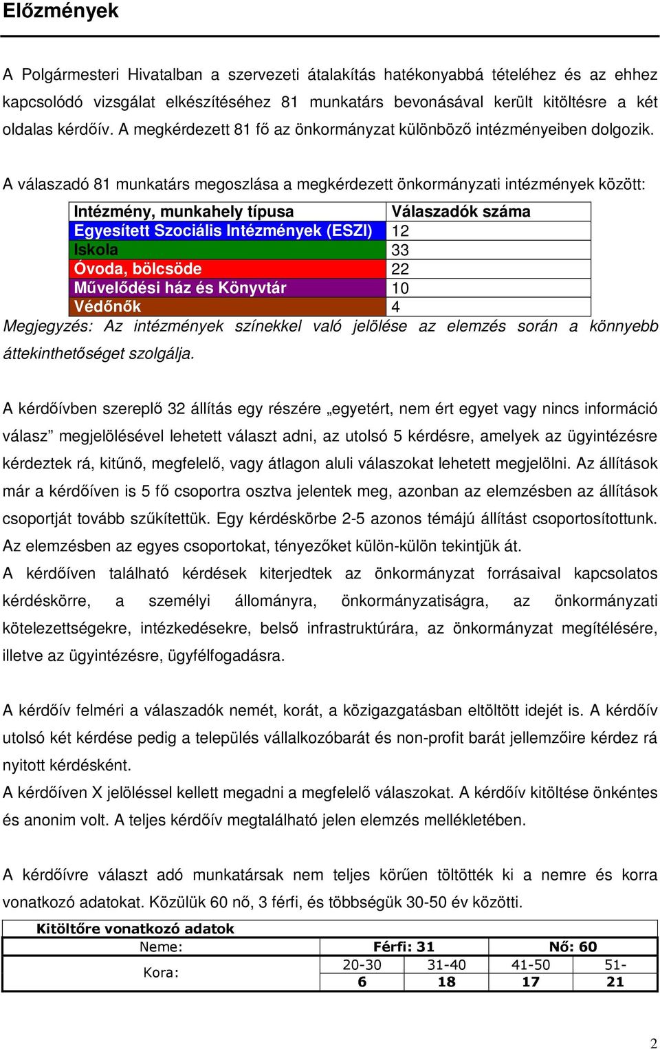 A válaszadó 81 munkatárs a a megkérdezett önkormányzati intézmények között: Intézmény, munkahely típusa Válaszadók száma Egyesített Szociális Intézmények (ESZI) 12 Iskola 33 Óvoda, bölcsöde 22