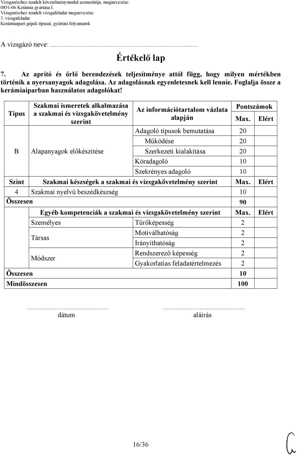 Elért Adagoló típusok bemutatása 20 Működése 20 B Alapanyagok előkészítése Szerkezeti kialakítása 20 Köradagoló Szekrényes adagoló Szint Szakmai készségek a szakmai és vizsgakövetelmény szerint Max.