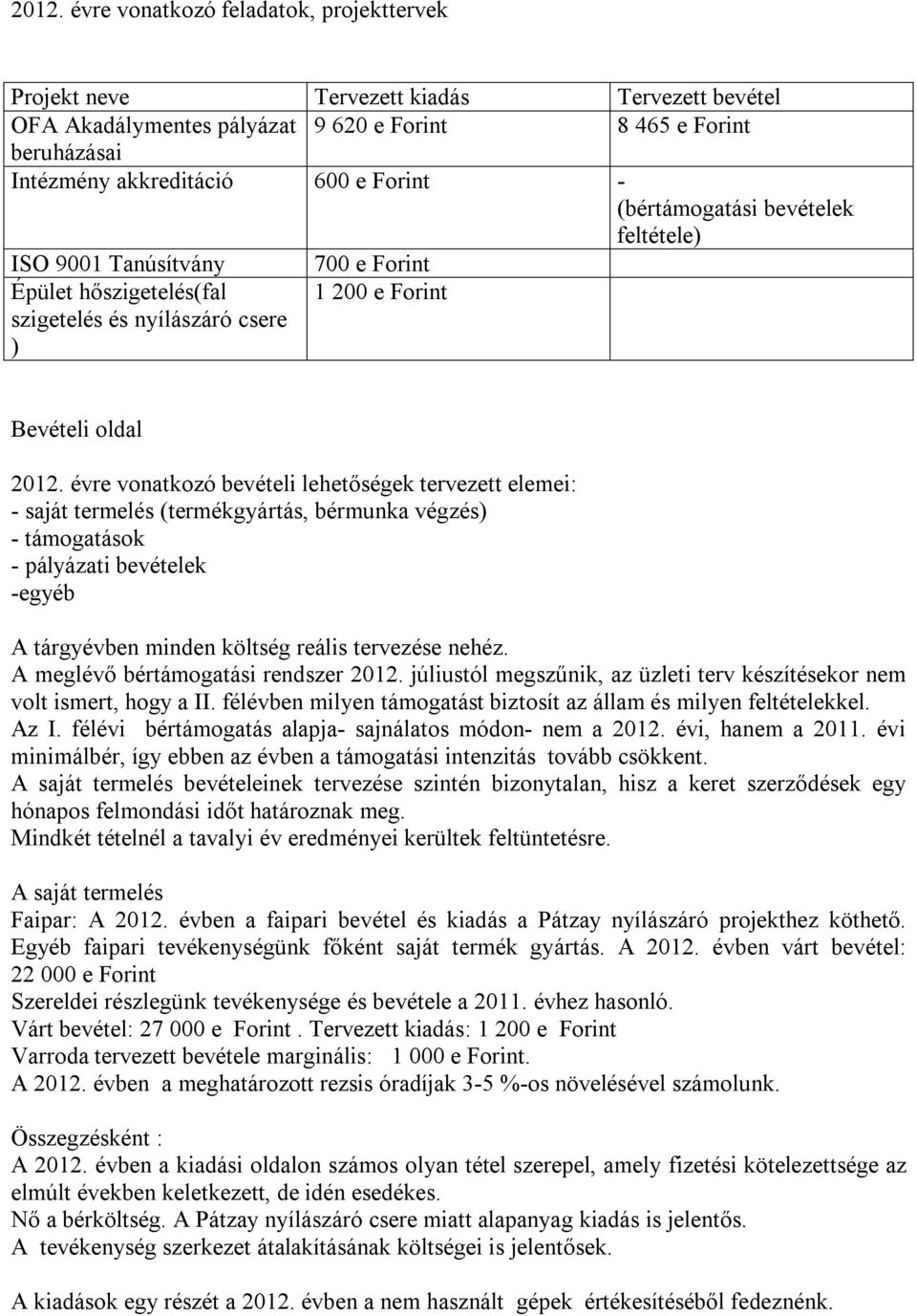 évre vonatkozó bevételi lehetőségek tervezett elemei: - saját termelés (termékgyártás, bérmunka végzés) - támogatások - pályázati bevételek -egyéb A tárgyévben minden költség reális tervezése nehéz.